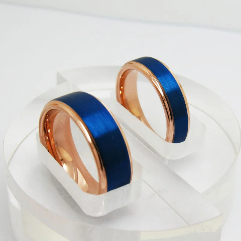 6MM 8MM Tungsten Open Steps Sand Surface Electric Blue Electroplated Rose Gold Men's Wedding Bands