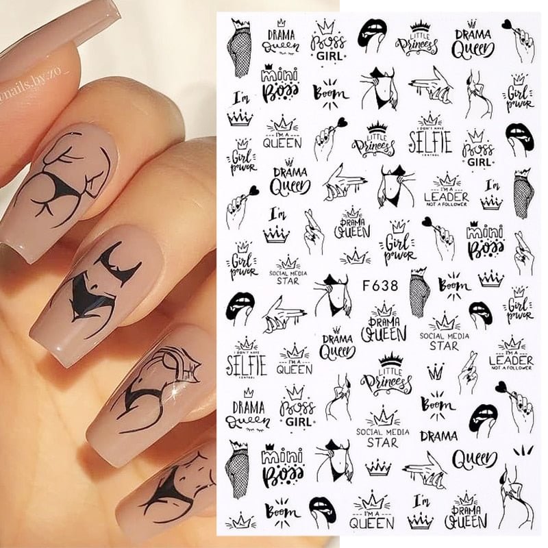 1PC Sexy Lady Design 3D Nail Sticker English Letter Face Pattern Trasnfer Sliders DIY Nail Art Decoration For Maincuring
