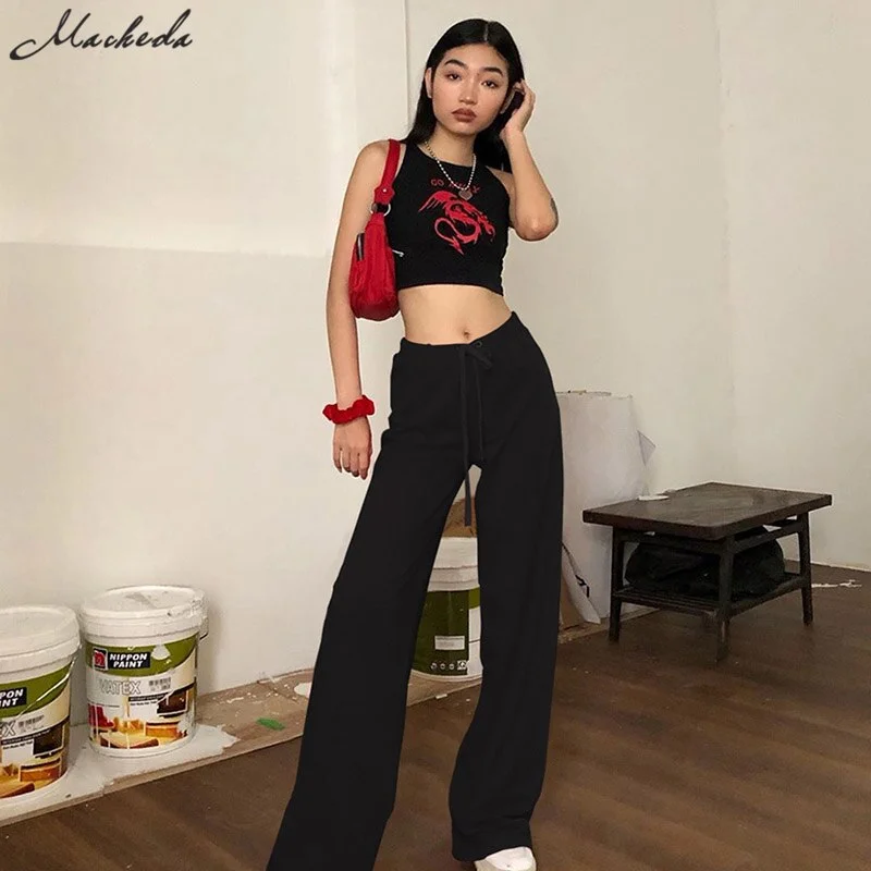 Macheda Women Casual Loose Flare Pants Red Mid Waist Elastic Trousers Lady Fashion Spring Autumn Streetwear Full Length 2019