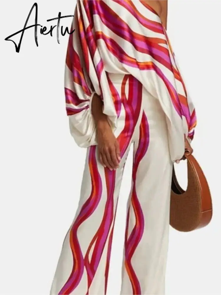 Satin Printing Off Shoulder Commuting Suits Fashion Tops Long Pants 2 Piece Sets  Women Spring Summer Loose Casual Outfits Aiertu