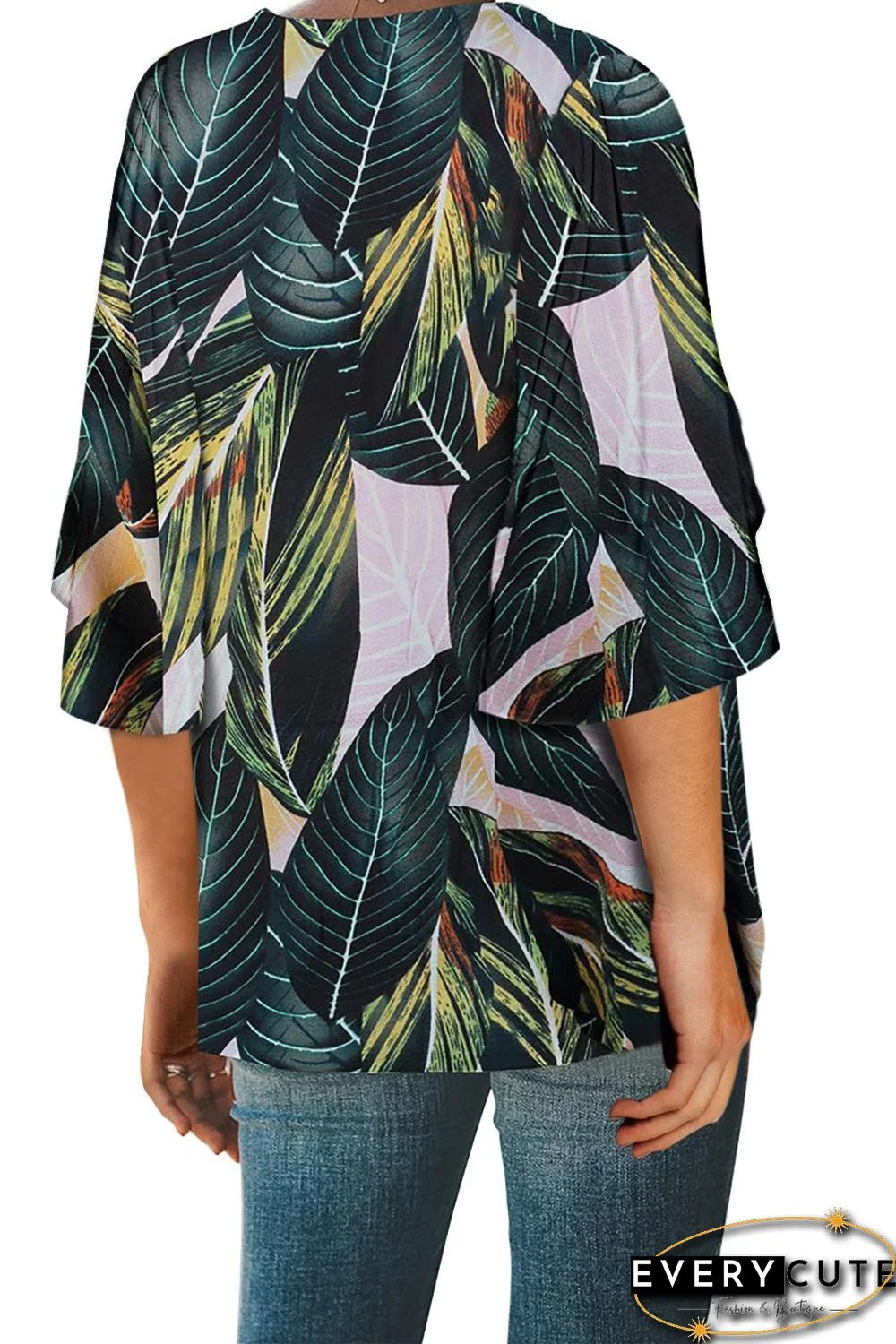Green Tropical Leaf Print Button Down Blouse