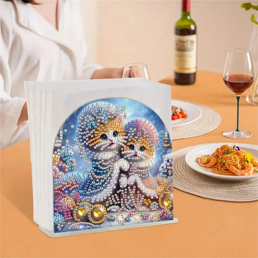 5D DIY Cat Acrylic Diamond Art Painting Napkin Holder Set