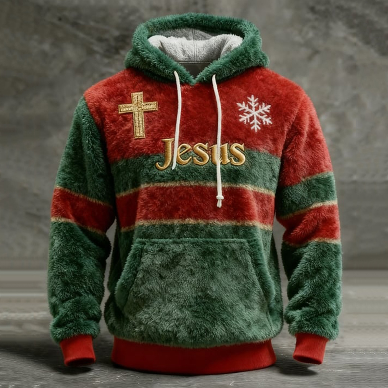 Men's Vintage Christmas Jesus Cross Print Plush Warm Hoodie elevenforest