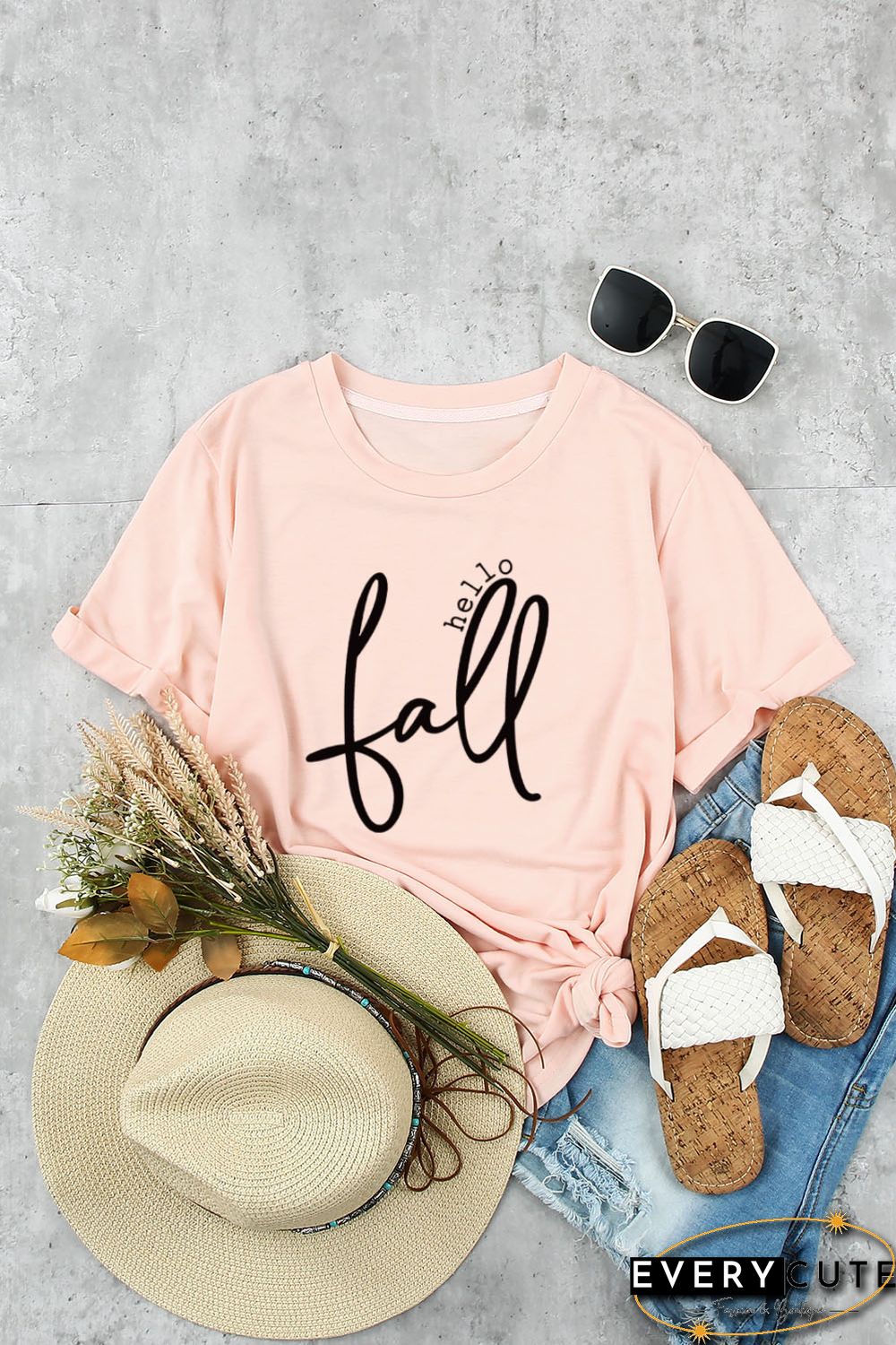 Pink Hello Fall Slogan Pattern Print Crew Neck T Shirt