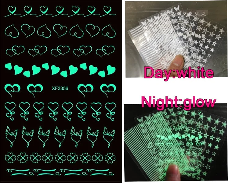Luminous Fire Nail Art Stickers Glow In Dark Nail Decals Moon Butterfly Transfer Manicure Design Night Light Stickers-Nail Inspo