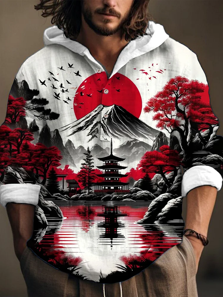Japanese Art Landscape Print Linen Hooded Long Sleeve Shirt-27