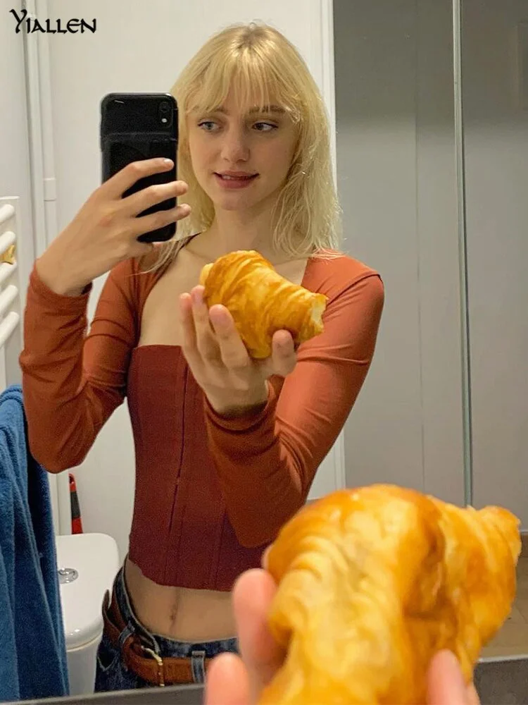 Yiallen Autumn 2021 New Elegant British Style Crop Top Female Square Collar Long Sleeve Blouse Casual Fresh Dating Clothes Hot