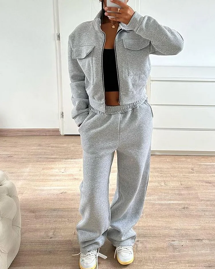 Solid Color Zipper Short Sweatshirt & Sweatpants Two-piece Set