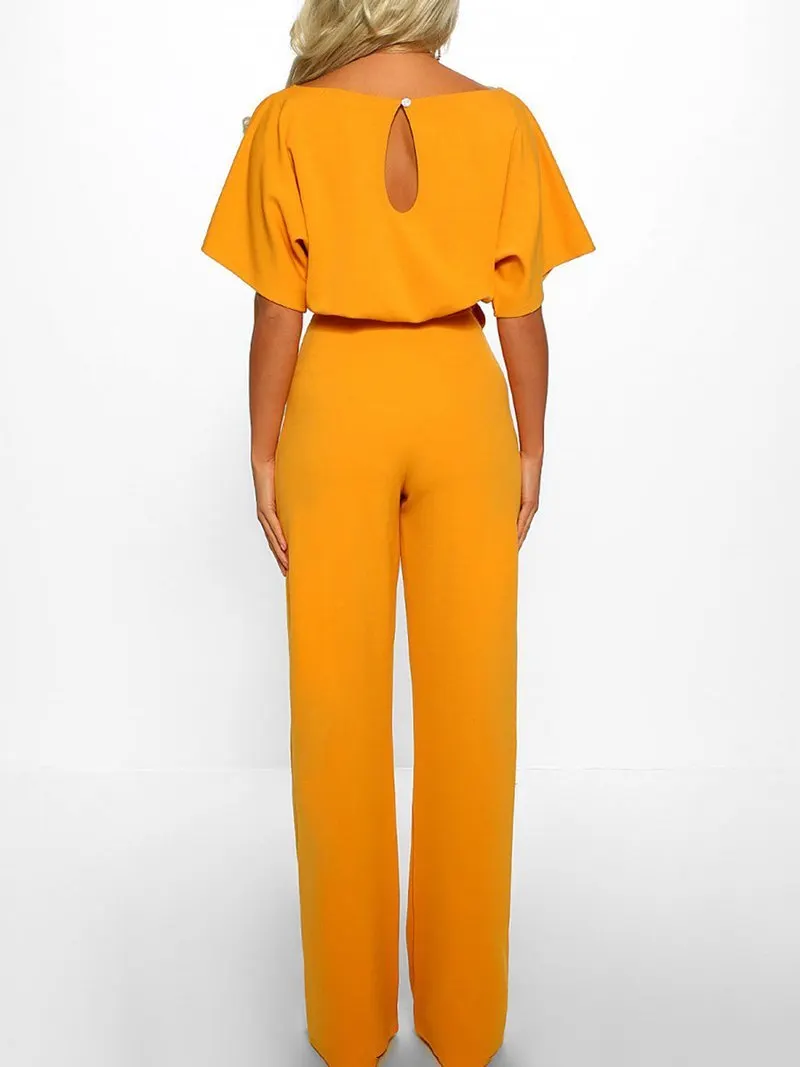 Solid Lace-up Short-sleeved Women's Jumpsuit