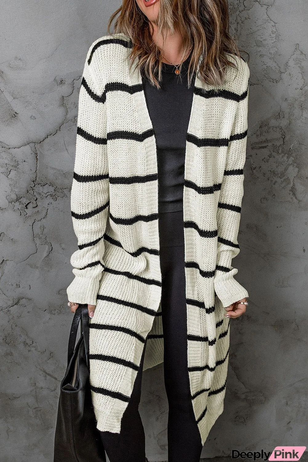 Woven Right Striped Open Front Rib-Knit Duster Cardigan