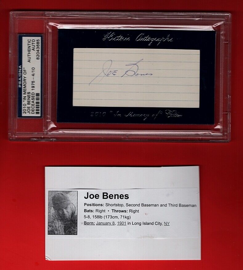 1931 JOE BENES-ST LOUIS CARDINALS ENCASED AUTOGRAPHED 3X5-W/PIC-PSA-(d.1975)