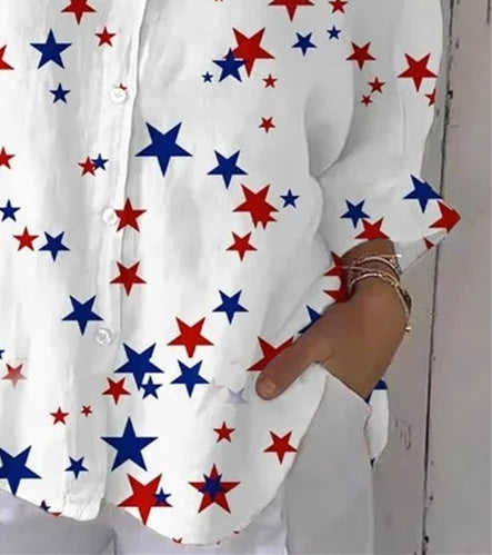 Women 3/4 Sleeve Shirt Collar Star Printed Graphic Button Tops