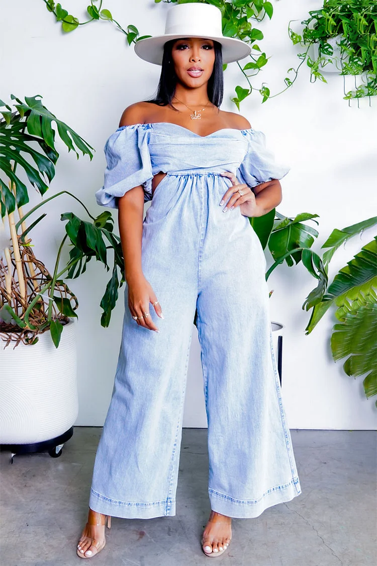 Off Shoulder Puff Sleeve Denim Cutout Wide Leg Jumpsuit 