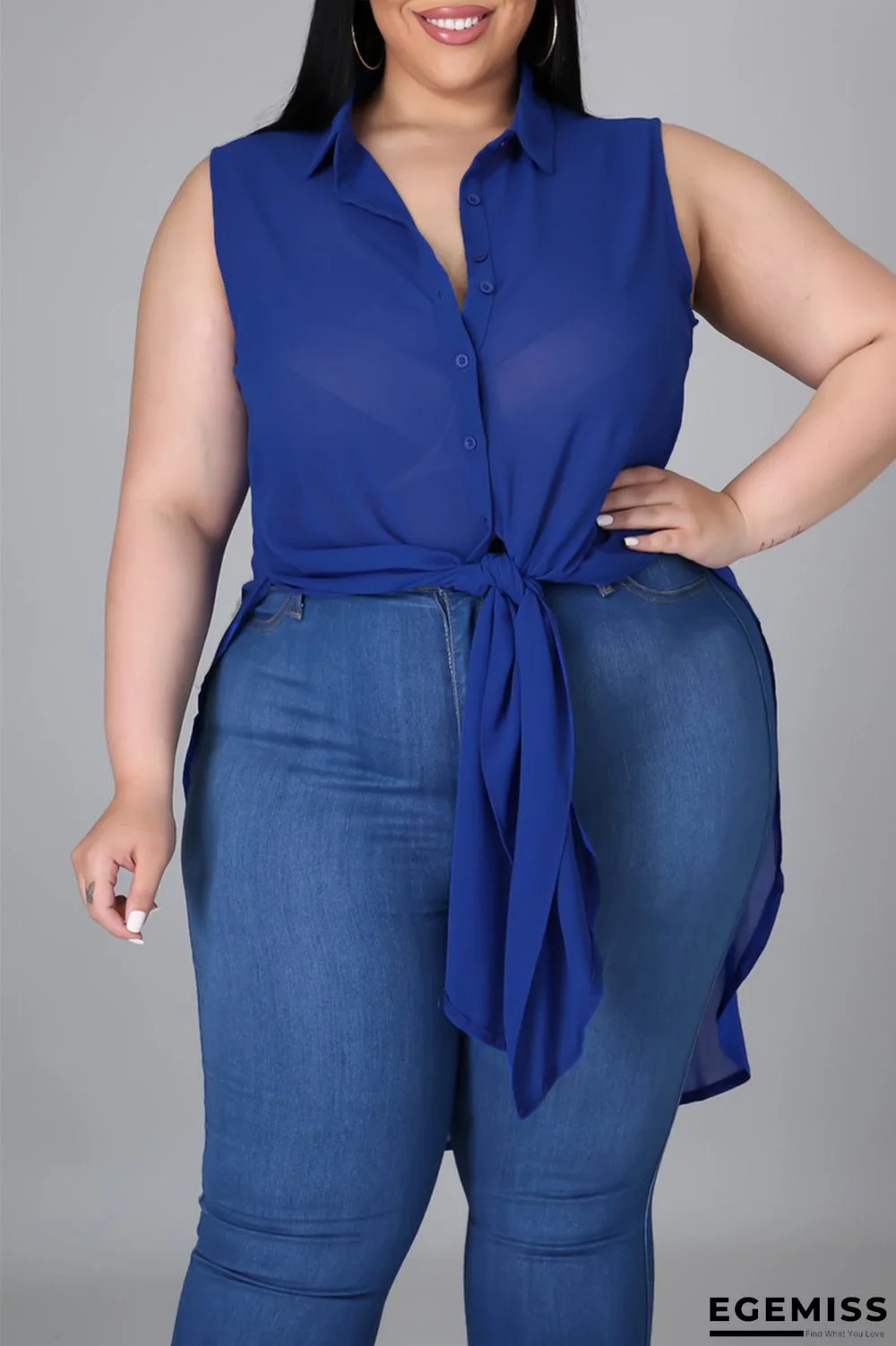 Royal Blue Fashion Casual Solid Slit Turtleneck Plus Size Tops | EGEMISS