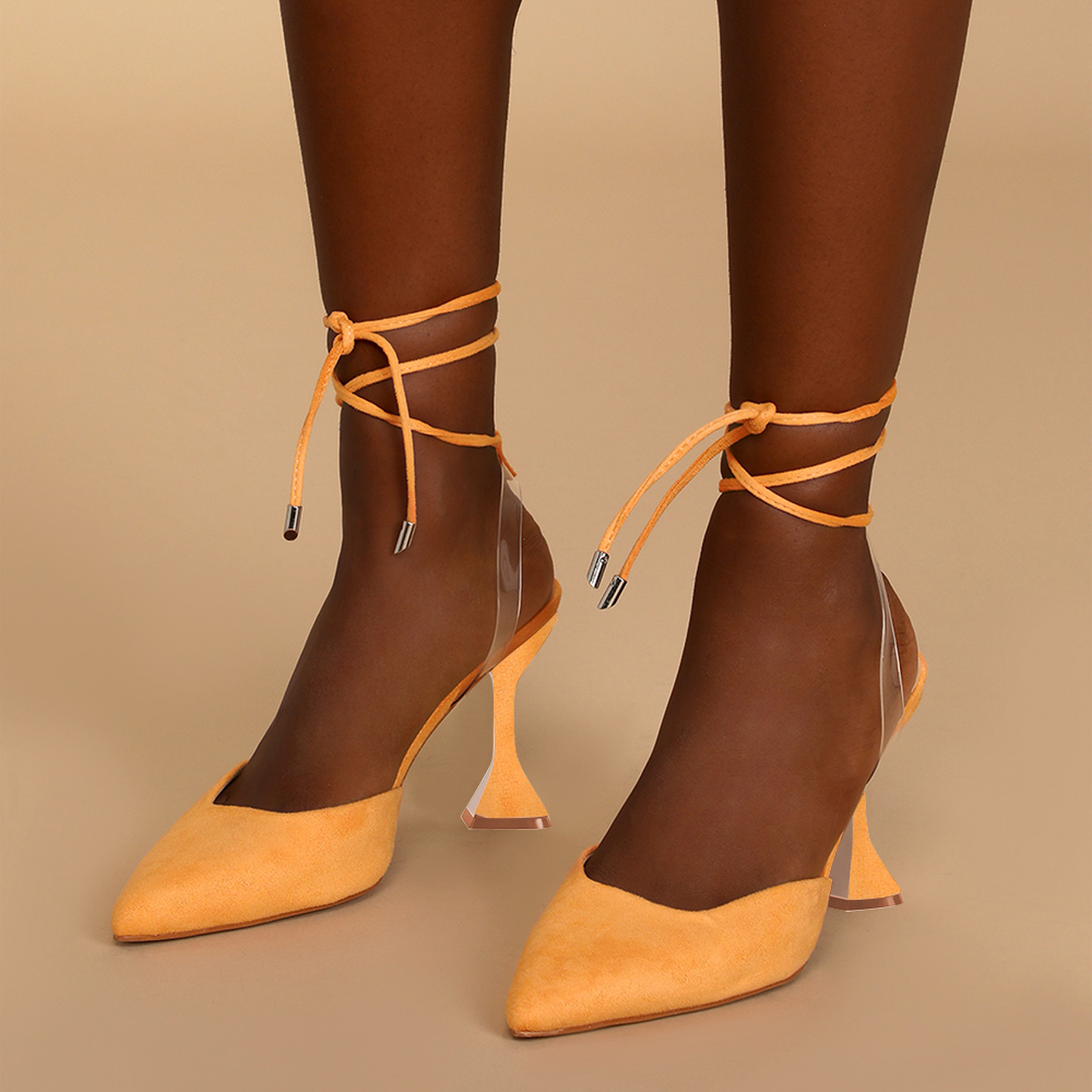 Yellow Faux Suede Pointed Toe Flared Heel Lace Up Pumps Nicepairs