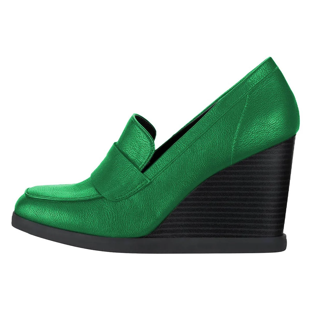 Metallic Green Closed Toe Platform Wedges Heeled Loafers Women