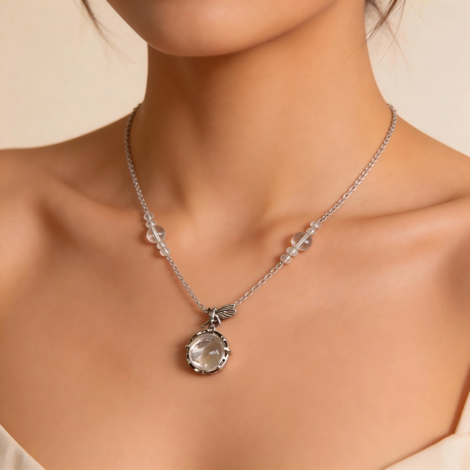 wearing Clear Quartz Necklace White Crystal Pendant & Beaded Chain