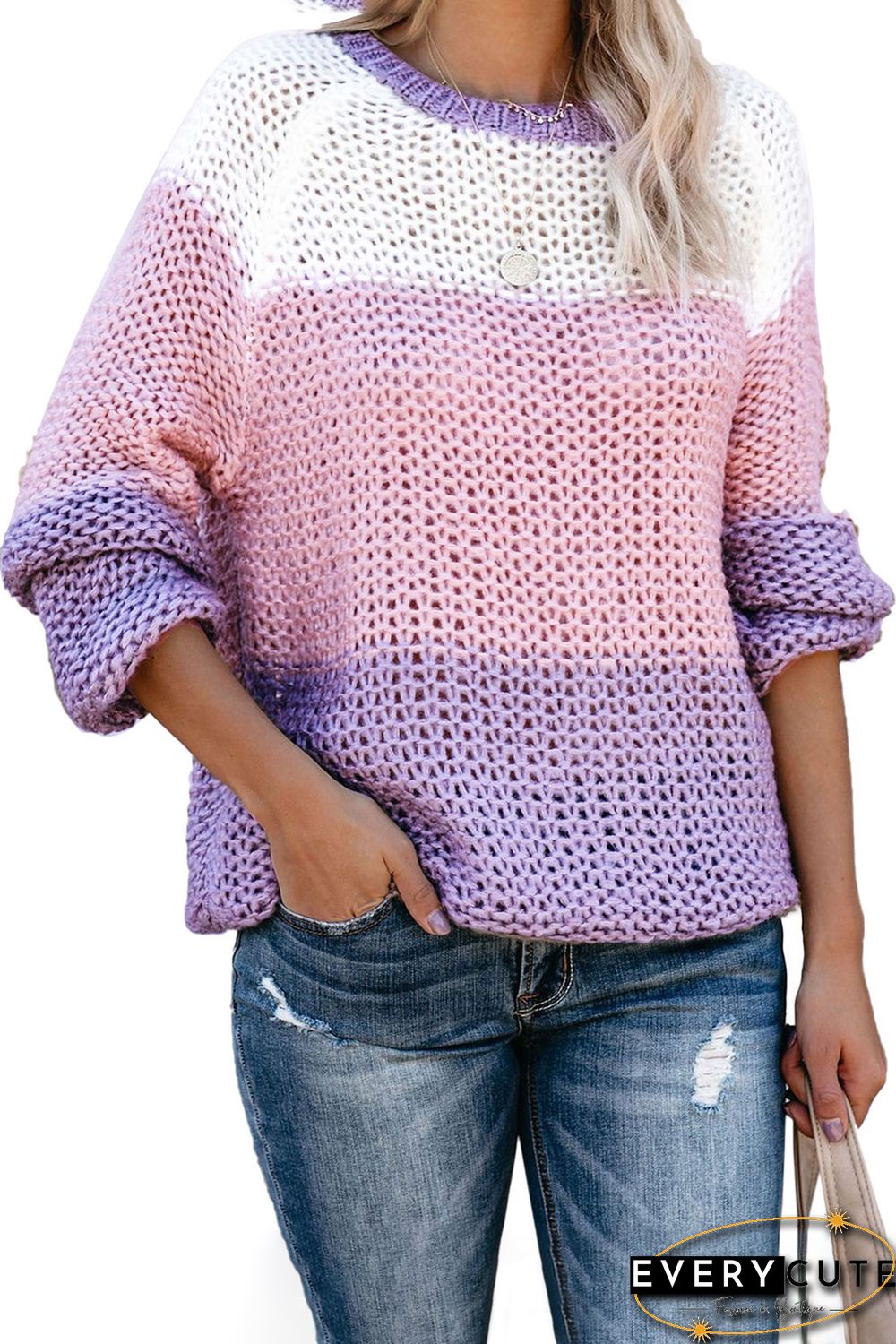 Purple Colorblock Knit Sweater