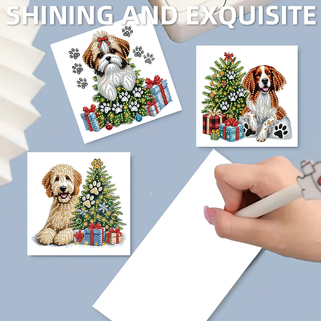 12Pcs Xmas Dog DIY Diamond Painting Greeting Cards for Adult Holiday Gifts