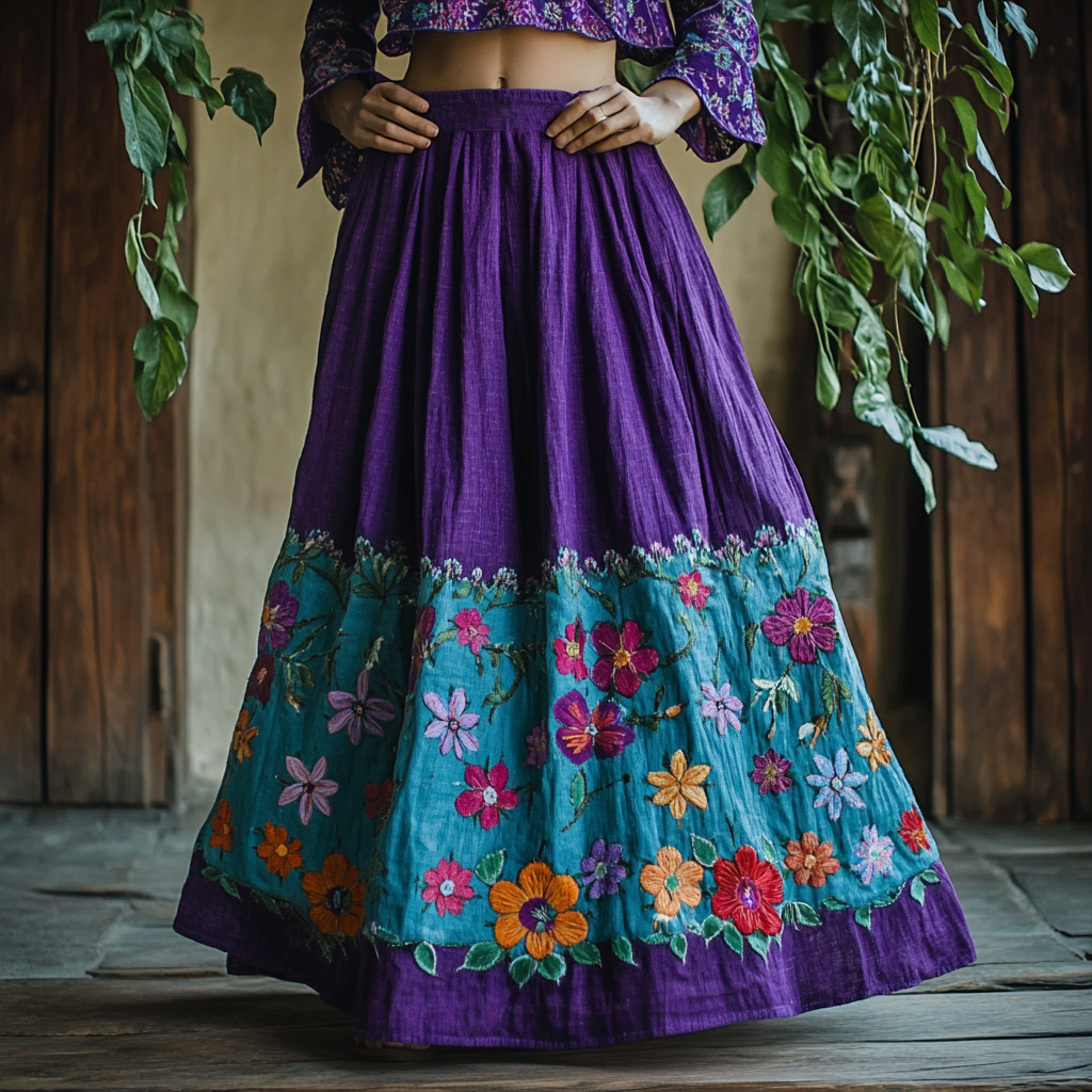 Vintage Floral Embroidery Pattern Art Print Linen Blend Skirt
