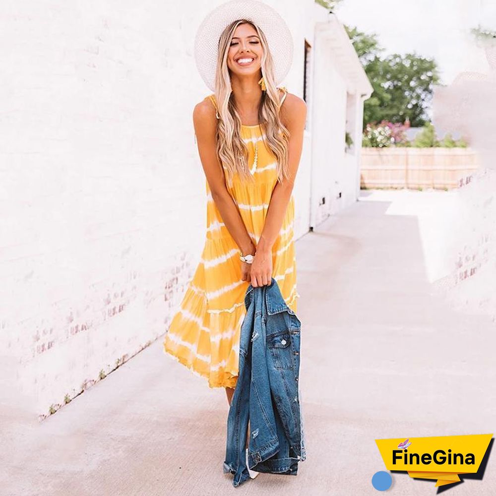 Beach Casual Yellow Tie-Dye Women Dress