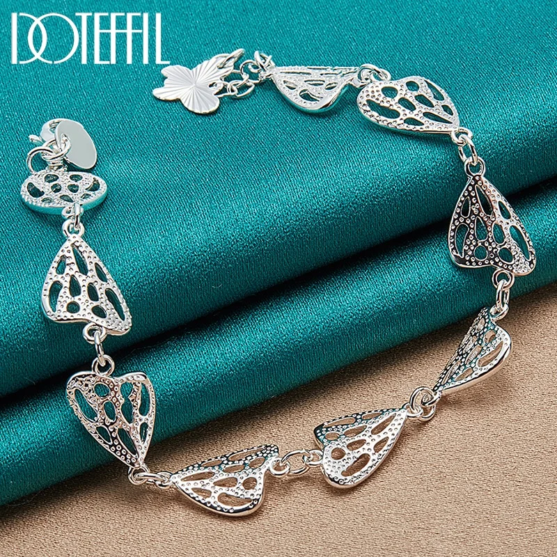 925 Sterling Silver Hollow Heart Butterfly Chain Pendant Bracelet For Women Jewelry