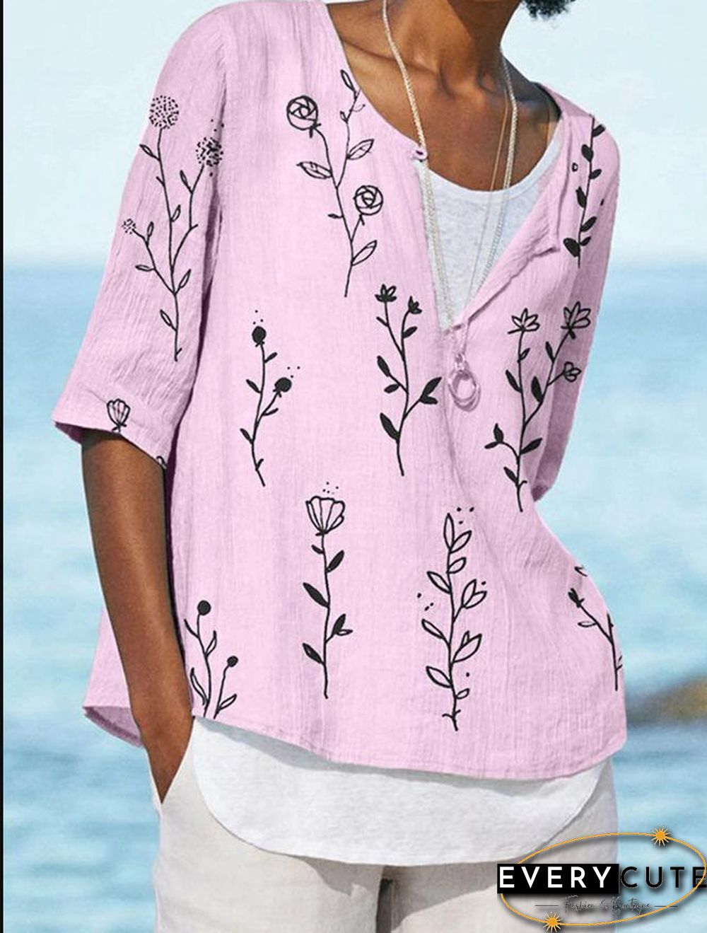 Light V Neck Floral Printed Half Sleeve Shirt