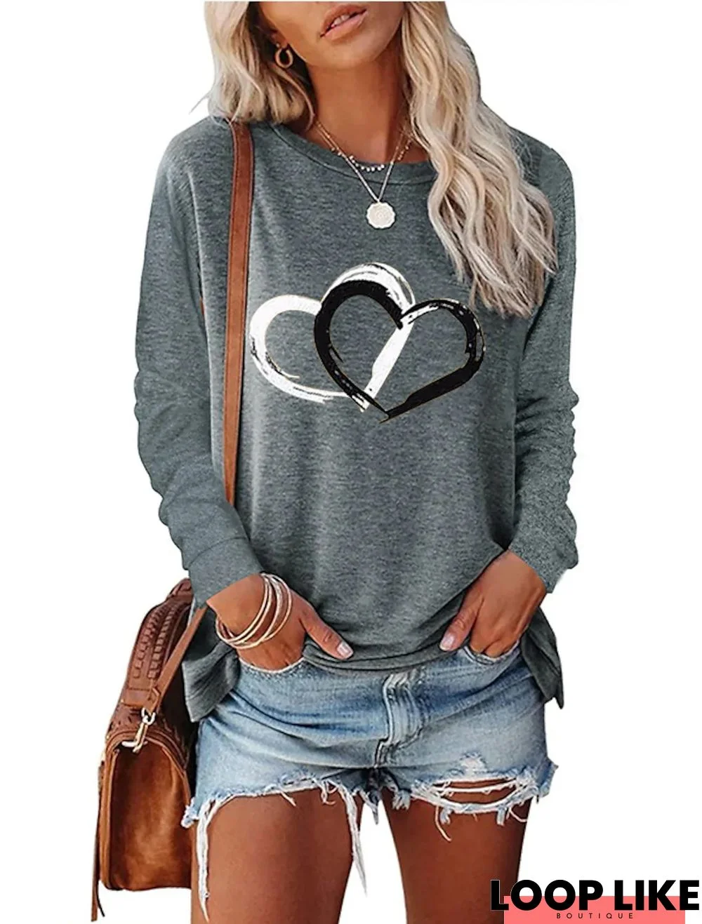 Casual Heart Cotton Blends Long sleeve Tunic Top