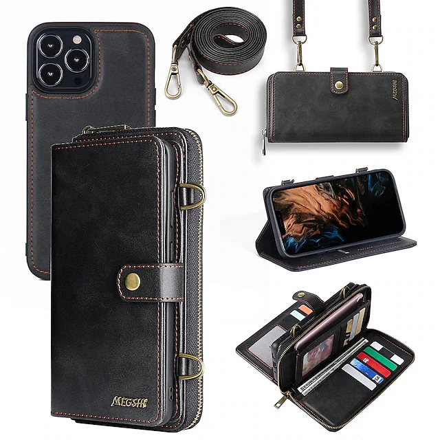 Etui na telefon iPhone Etui z portfelem Magnetyczne ze smyczą Odporny na wstrząsy Jednolity kolor TPU PC PU Skóra
