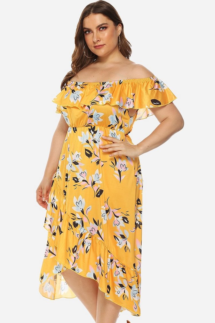 Yellow Floral-print Off-shoulder Midi Dress P16439