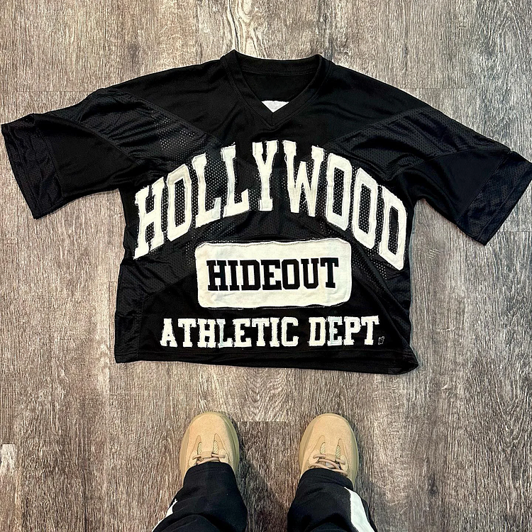 Vintage Hollywood Sports Short Sleeve Graphics Printed Cotton Basketball V-neck T-Shirt