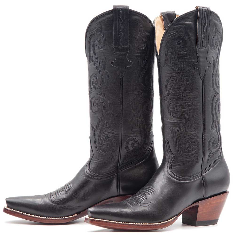 Black Snip Toe Chunky Heel Stitching Mid-Calf Cowgirl Boots for Women Nicepairs