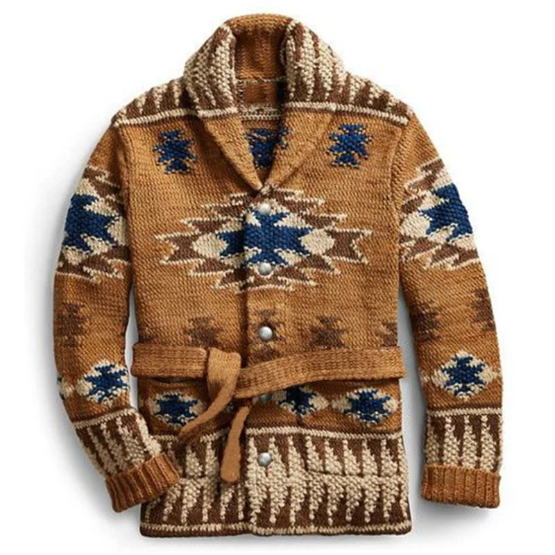 Aonga - Mens Sweater Coats Winter Thick Knit Warm Jackets Retro Geometric Pattern Belt Knitting Cardigans Men Fall Jacquard Sweatercoat