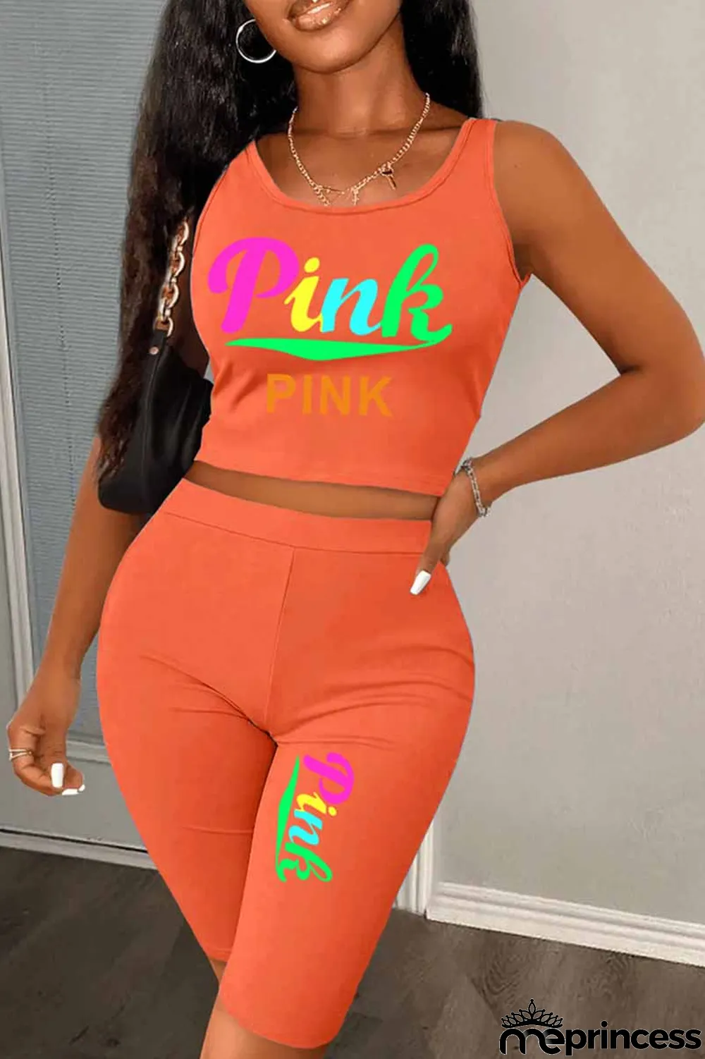 Red Casual Print Letter U Neck Sleeveless Two Pieces