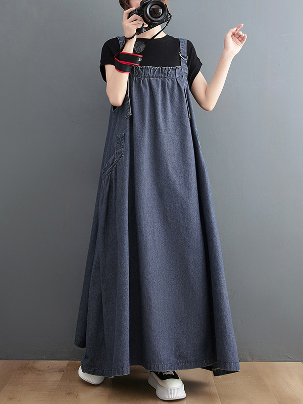 Vintage Loose Artistic Retro Solid Color Strap Denim Midi Dress