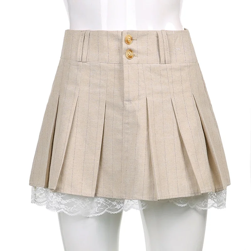 Sweetown Korean Fashion Khaki Short Skirt Lace Trim Cute Pleated Skirts Womens Preppy Style Button Up High Waist Summer Skirt