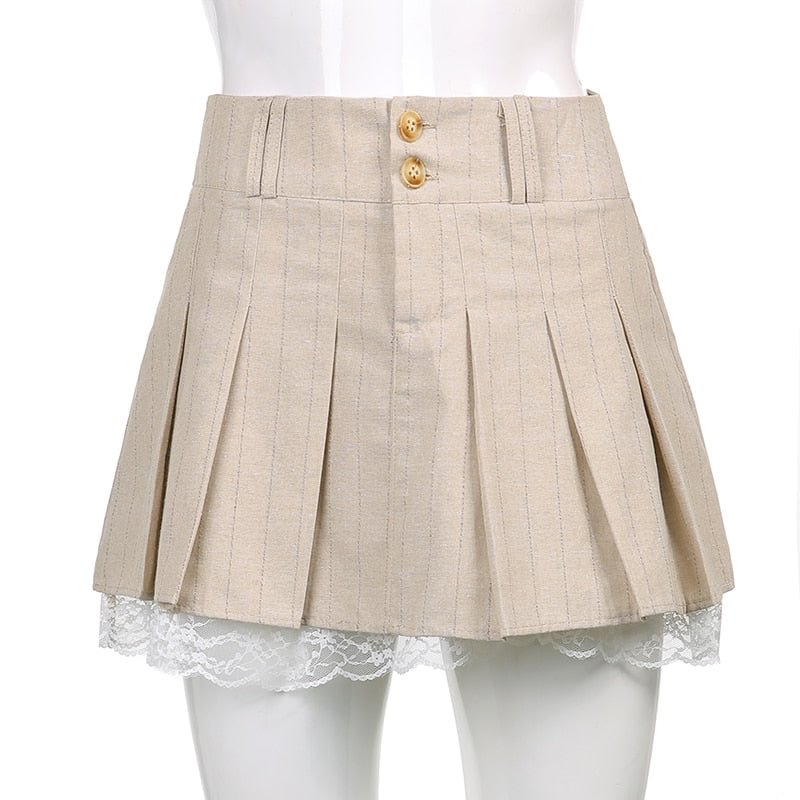 Sweetown Korean Fashion Khaki Short Skirt Lace Trim Cute Pleated Skirts Womens Preppy Style Button Up High Waist Summer Skirt