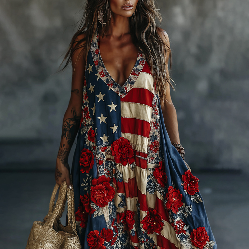 Women's Floral Flag Patchwork Art Print Midi Vest Dress Westsshops