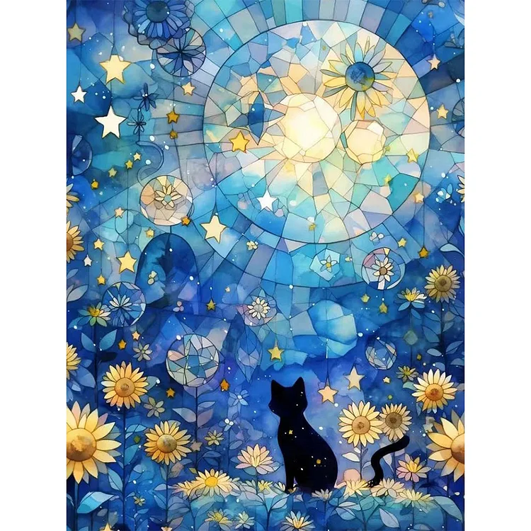 【Yishu Brand】Glass Art - Black Cat In The Moonlight 11CT Stamped Cross Stitch 50*65CM