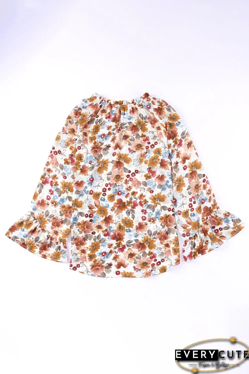 Orange Floral Print Flare Cuff Long Sleeve Blouse