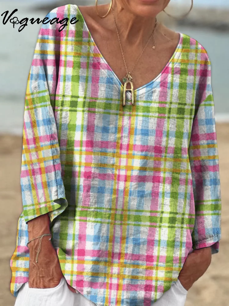 Fashion Casual Colorful Plaid V-Neck 3/4 Sleeves Printed Cotton And Linen Shirt