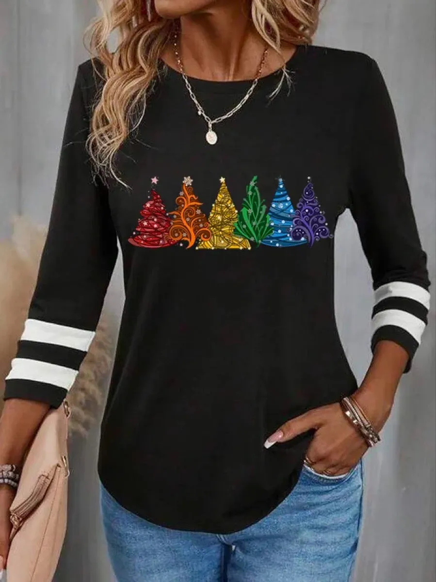 Showy Print 3/4 Sleeve Round Neck Black Top