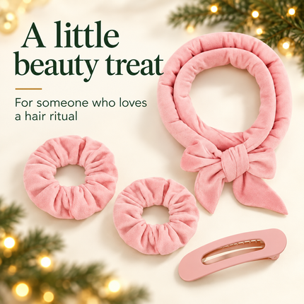 Pink four-piece set presented as a beauty gift idea; decorative background is not included