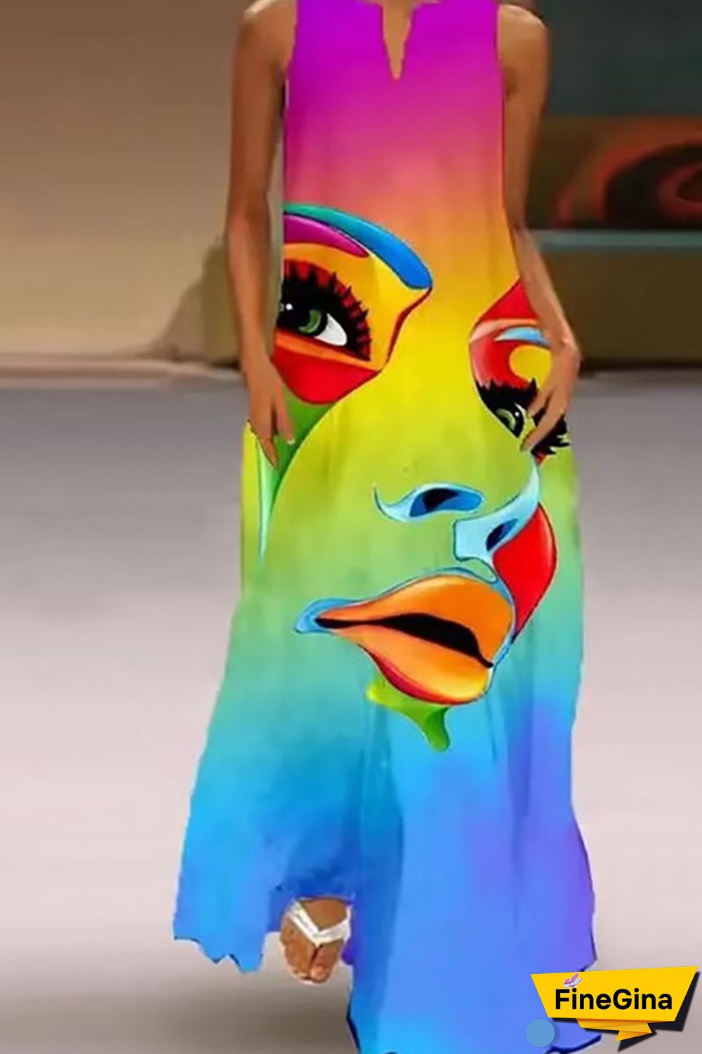 Yellow And Blue Casual Elegant Print Patchwork V Neck A Line Dresses