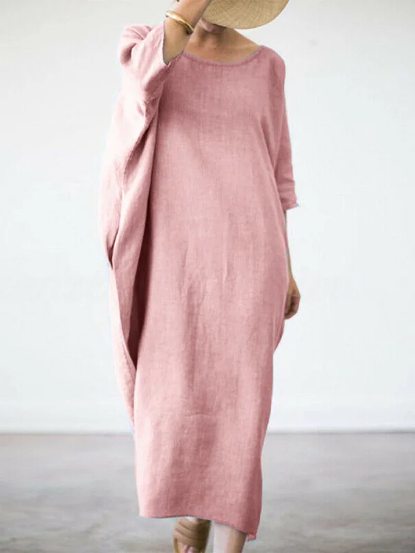 Loose Crew Neck Long Sleeve Linen Long Dress