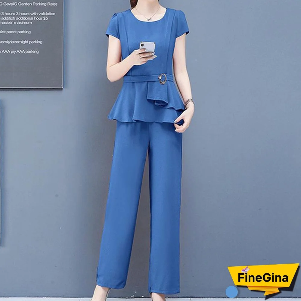 Summer 2 Two Piece Sets Outfits Women Plus Size Short Sleeve Tunics Tops And Pants Suits Office Elegant Korean Sets