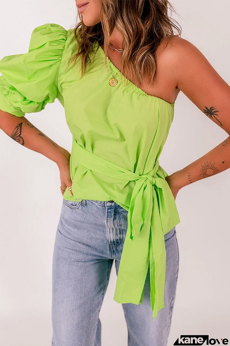 Lace-up Puff Sleeve One Shoulder Blouse