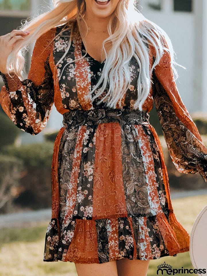 V-Neck Long Sleeve Lantern Sleeve Dress