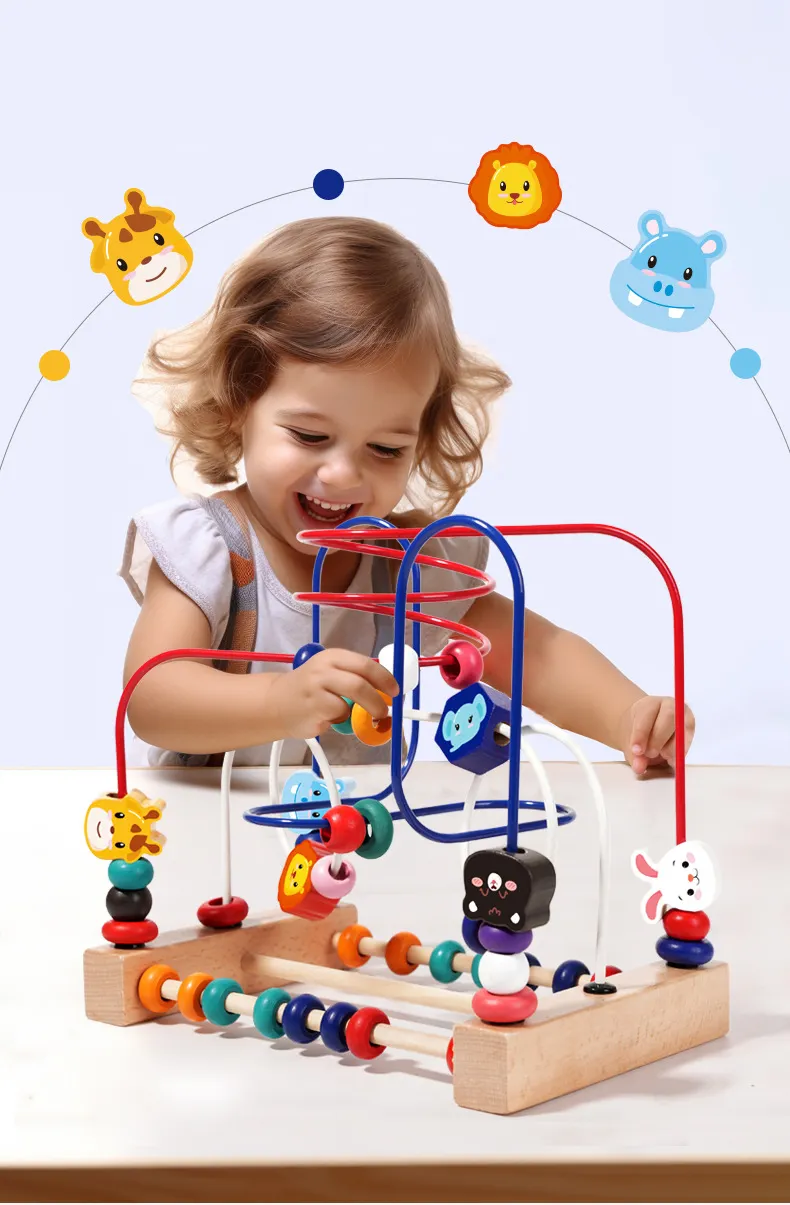 Tegooe Wooden Bead Maze Cube Toy - Colorful Fruit Animal Shapes Educational Learning Toy