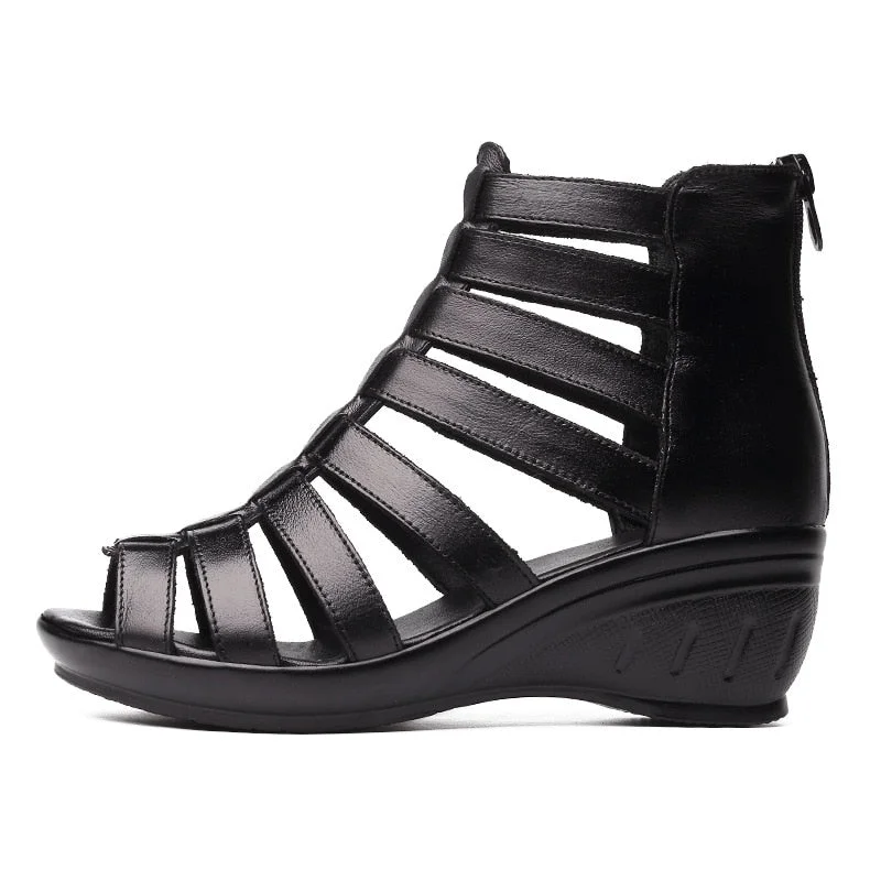 GKTINOO 2021 Summer Genuine Leather Gladiator Sandals Women 5.5cm High Heels Classic Black Peep Toe Hollow Ladies Sandals Wedges